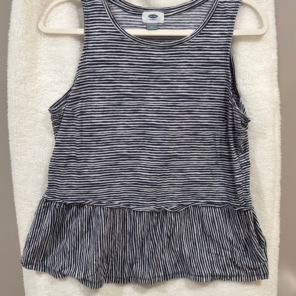 Old Navy Black and White Striped Peplum Tank
